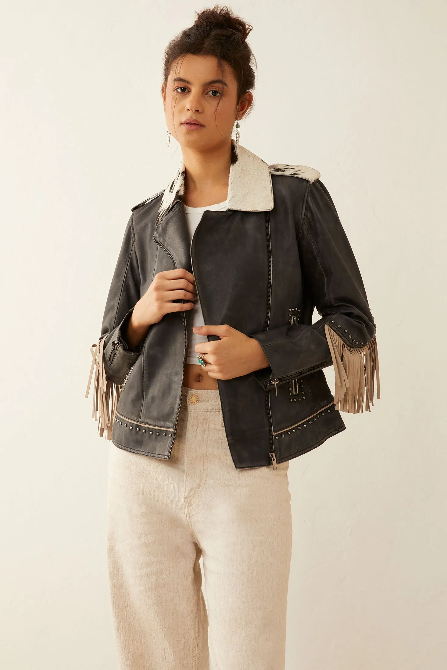Phoenix Fringed Leather Jacket In Ebony sold by Myra Bag