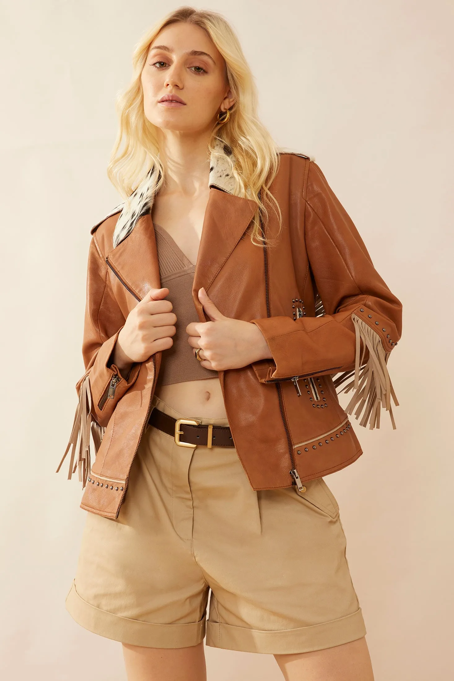 Phoenix Fringed Leather Jacket In Camel sold by Myra Bag