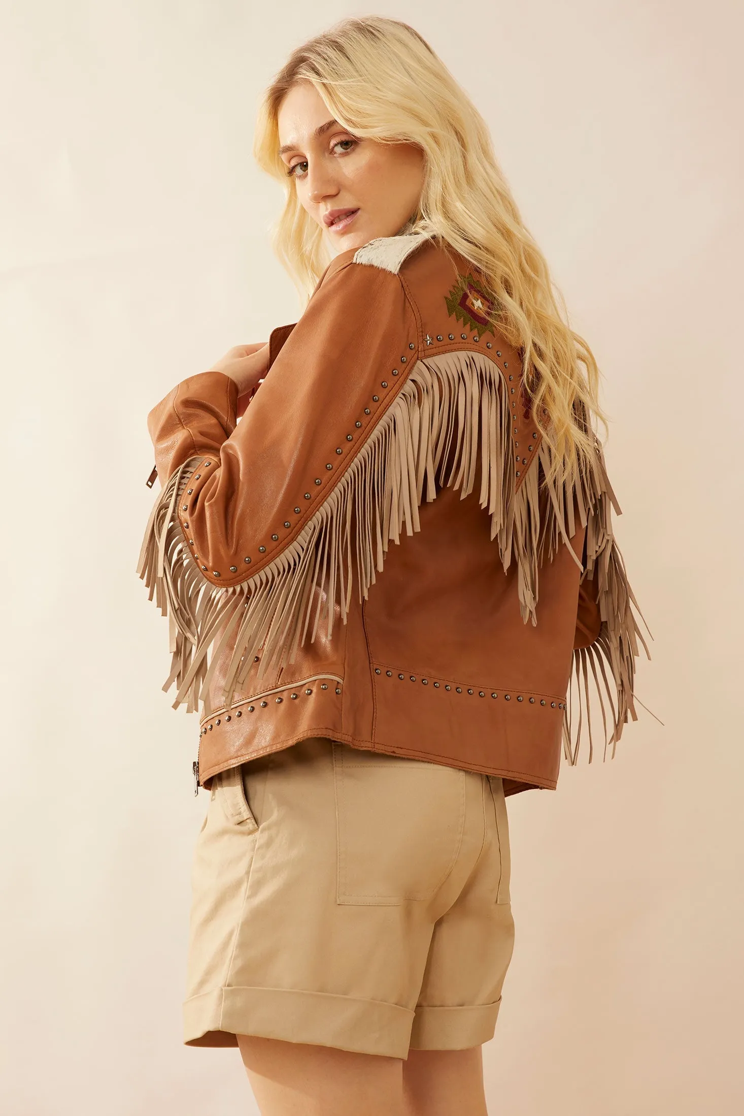 Phoenix Fringed Leather Jacket In Camel sold by Myra Bag product image thumbnail 3