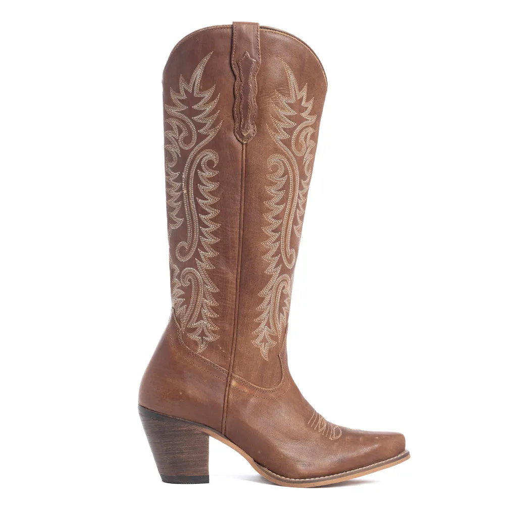 Syllvia Prairie Leather Boots in Bourbon Brown sold by Myra Bag