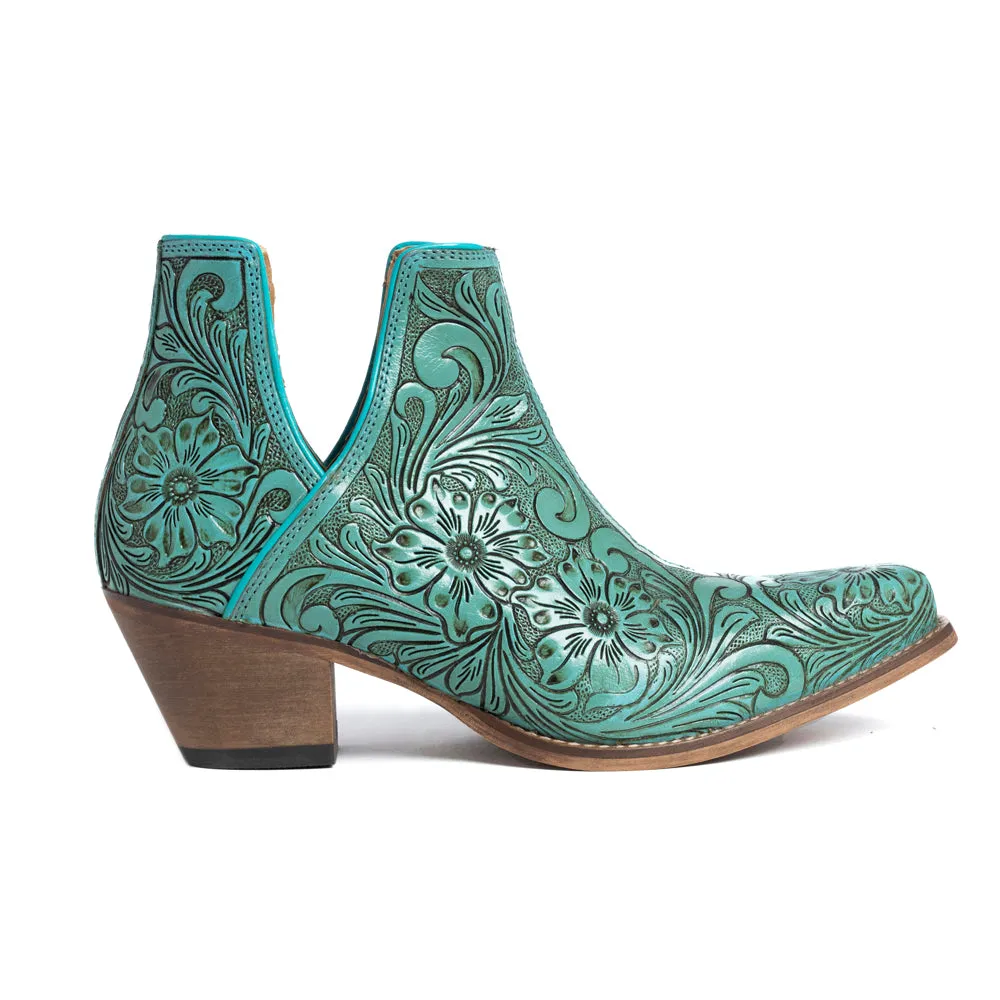 High Mesa Hand-tooled Booties in Turquoise sold by Myra Bag