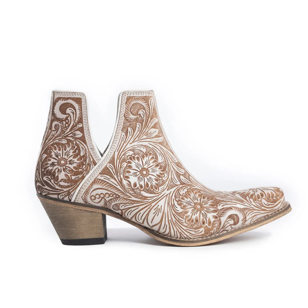 Western Moxie Hand-tooled Booties in White Chocolate sold by Myra Bag