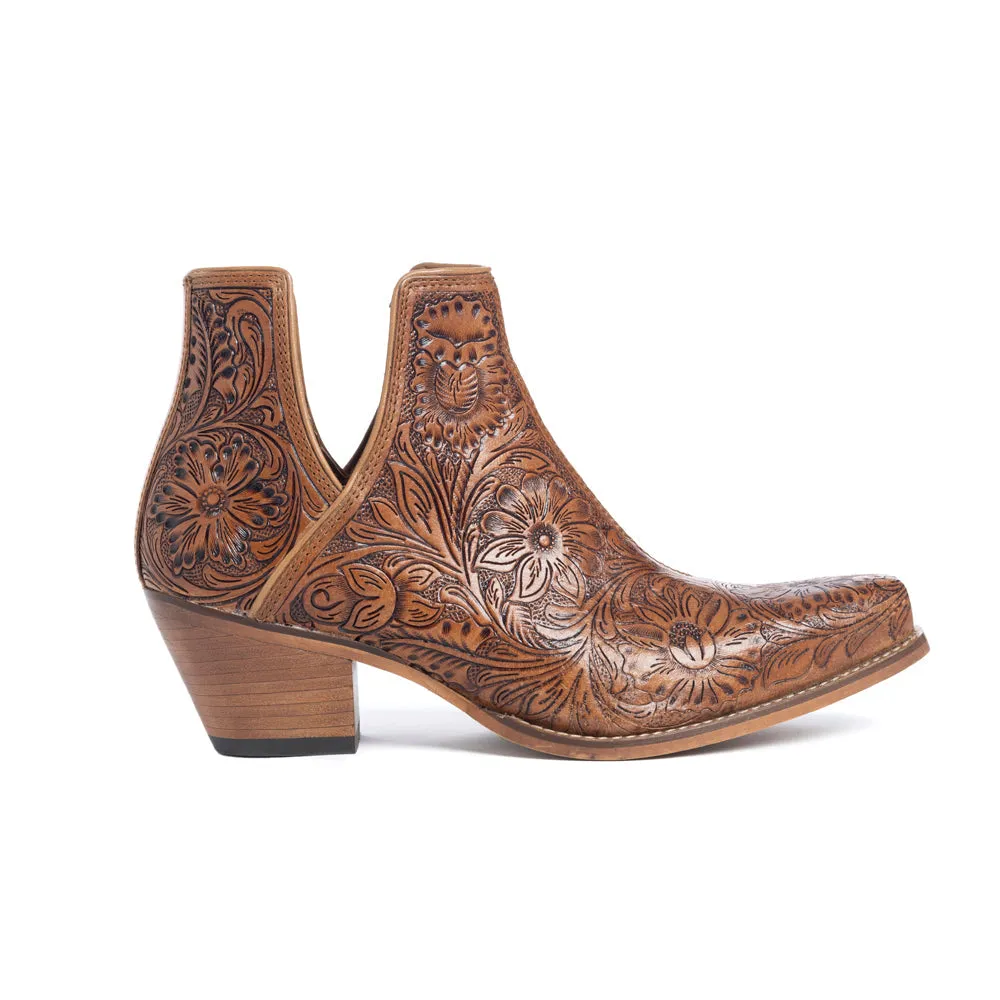 Dakota Charm Hand-tooled Booties in Caramel sold by Myra Bag