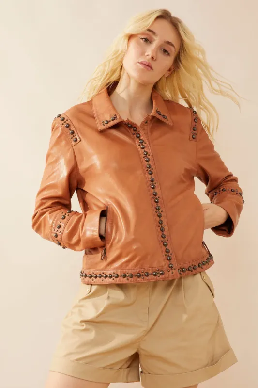 Octavia Jane Leather Jacket in Camel sold by Myra Bag