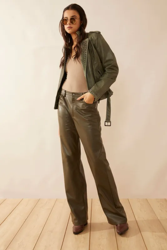 Aansila Leather Jacket In Fern Grotto Green sold by Myra Bag