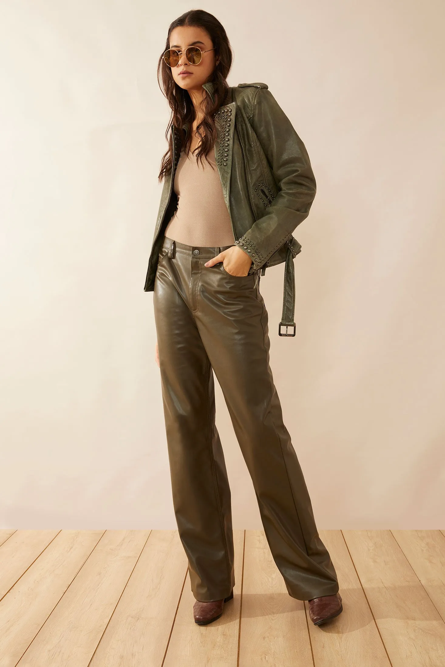 Aansila Leather Jacket In Fern Grotto Green sold by Myra Bag