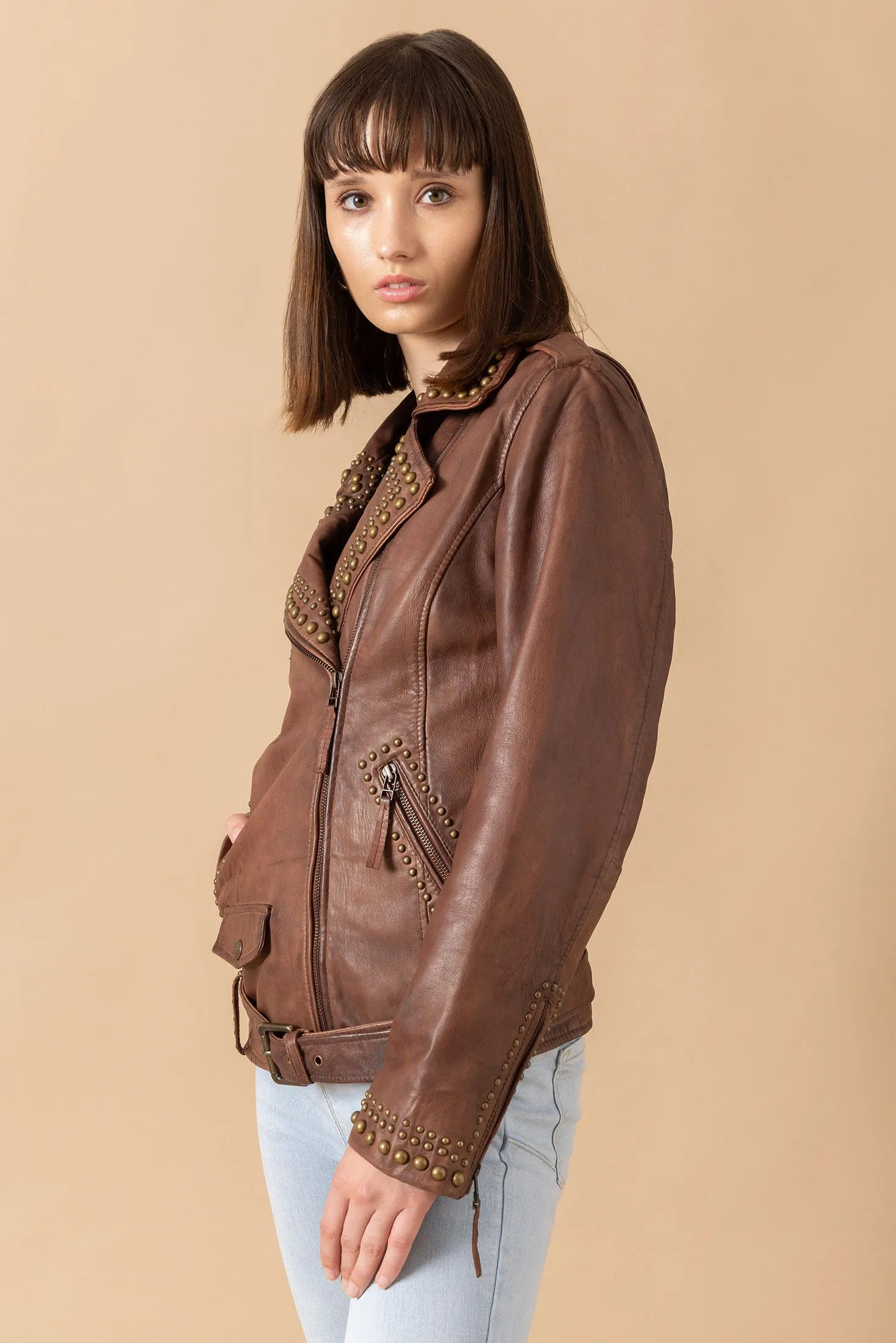 Aansila Leather Jacket In Chocolate Brown sold by Myra Bag product image thumbnail 2