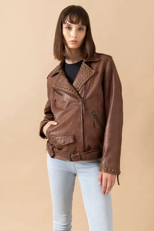 Aansila Leather Jacket In Chocolate Brown sold by Myra Bag