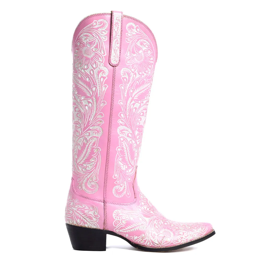 Valentina Trail Hand-tooled Boots in Pink sold by Myra Bag