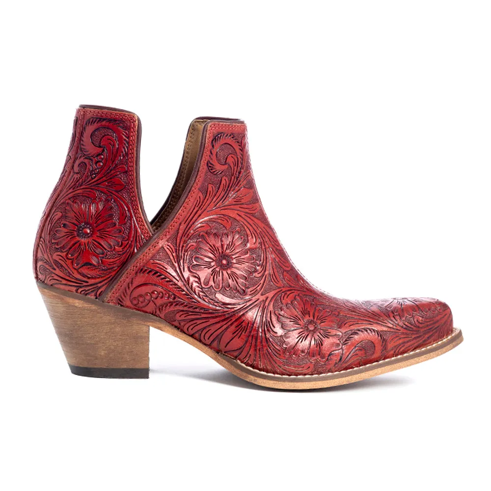 Western Moxie Hand-tooled Booties in Scarlet sold by Myra Bag
