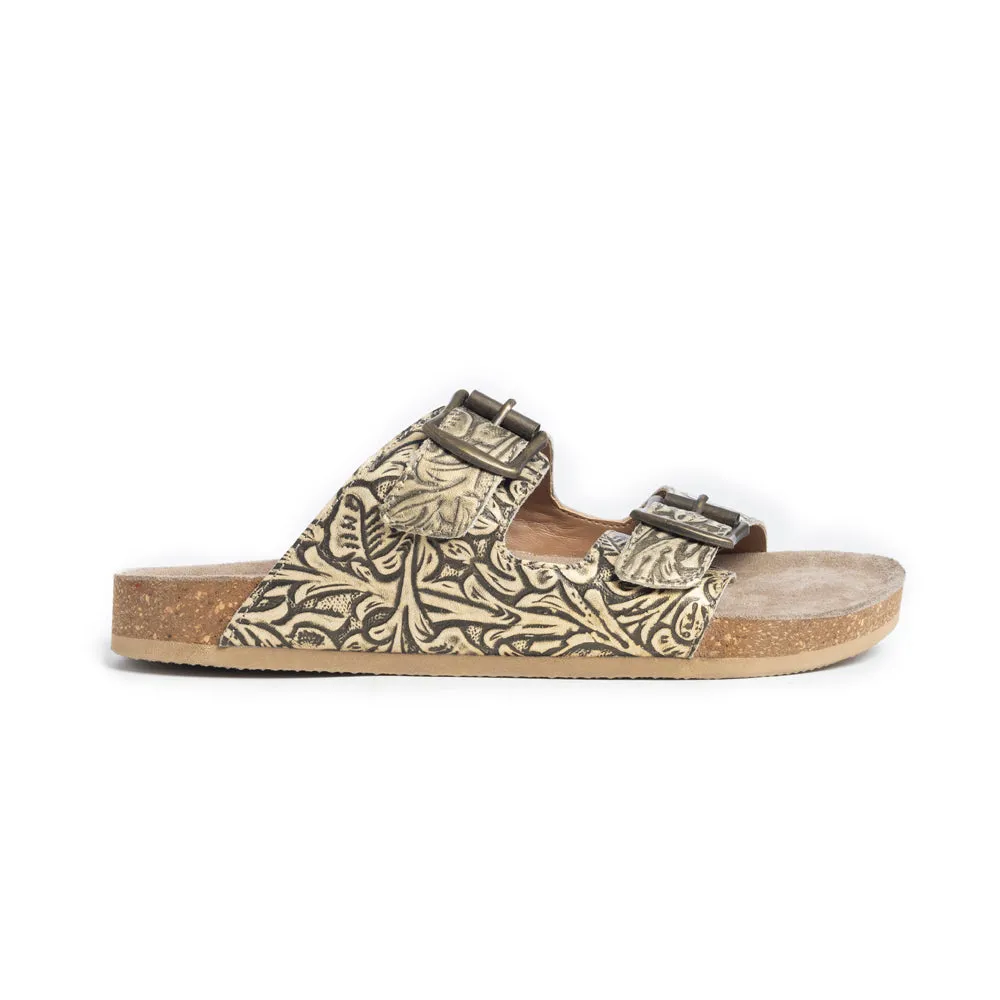 Rio Amarillo Beige Embosed Leather Sandals sold by Myra Bag