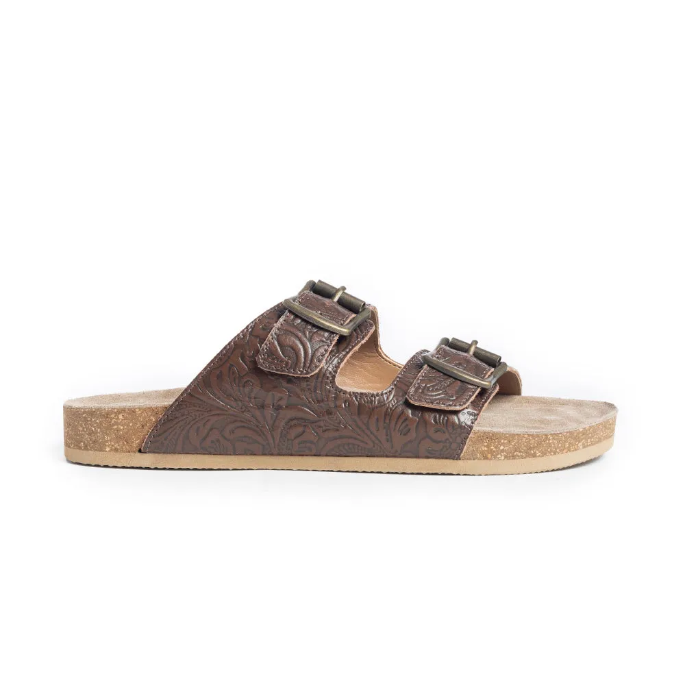 Cedarstone Brown Embossed Leather Sandals sold by Myra Bag