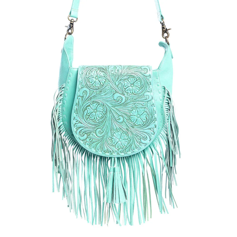Moonwood Hand-Tooled Bag in Turquoise sold by Myra Bag
