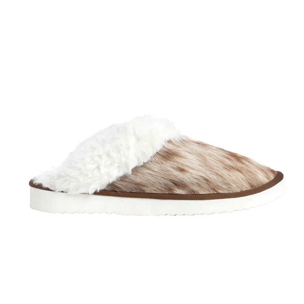 Alamosa Hair-on Hide Lined Slippers in Brown & White sold by Myra Bag