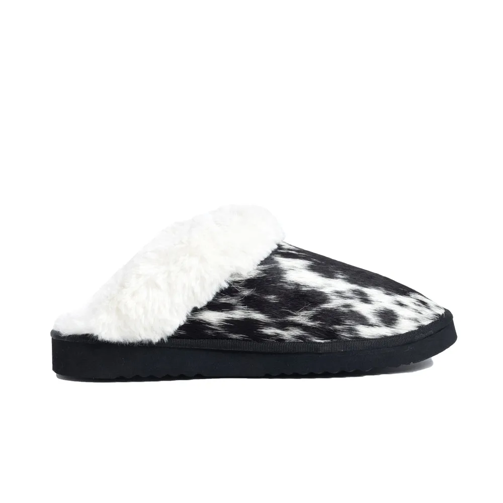 Alamosa Hair-on Hide Lined Slippers in Black & White sold by Myra Bag