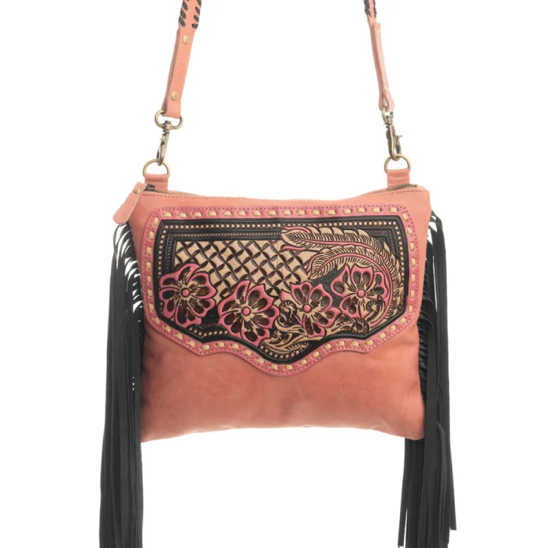 Millstone Fringed Hand-Tooled Bag in Pink sold by Myra Bag