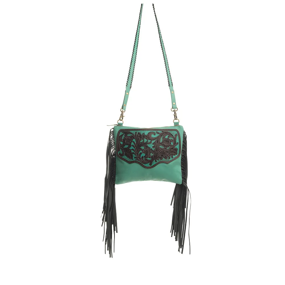 Millstone Fringed Hand-Tooled Bag in Teal sold by Myra Bag product image thumbnail 2