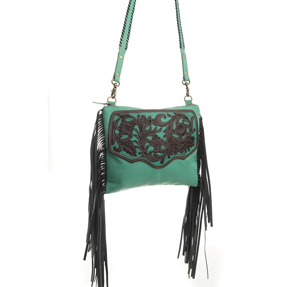 Millstone Fringed Hand-Tooled Bag in Teal sold by Myra Bag product image thumbnail 3