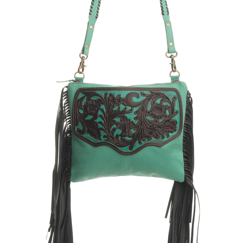 Millstone Fringed Hand-Tooled Bag in Teal sold by Myra Bag