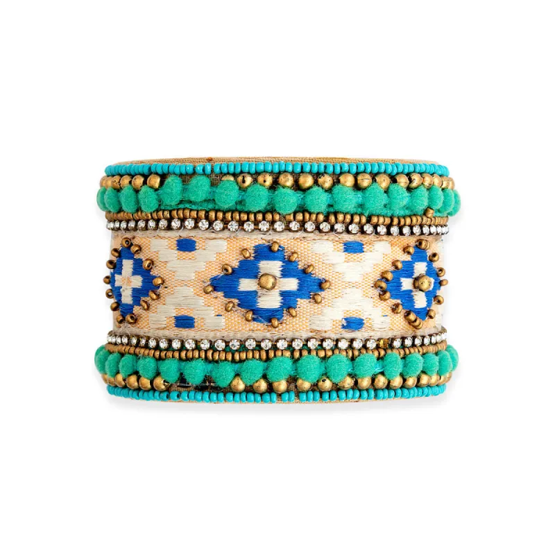Adobe Charm Beaded Cuff Bracelet in Turquoise & River Blue sold by Myra Bag