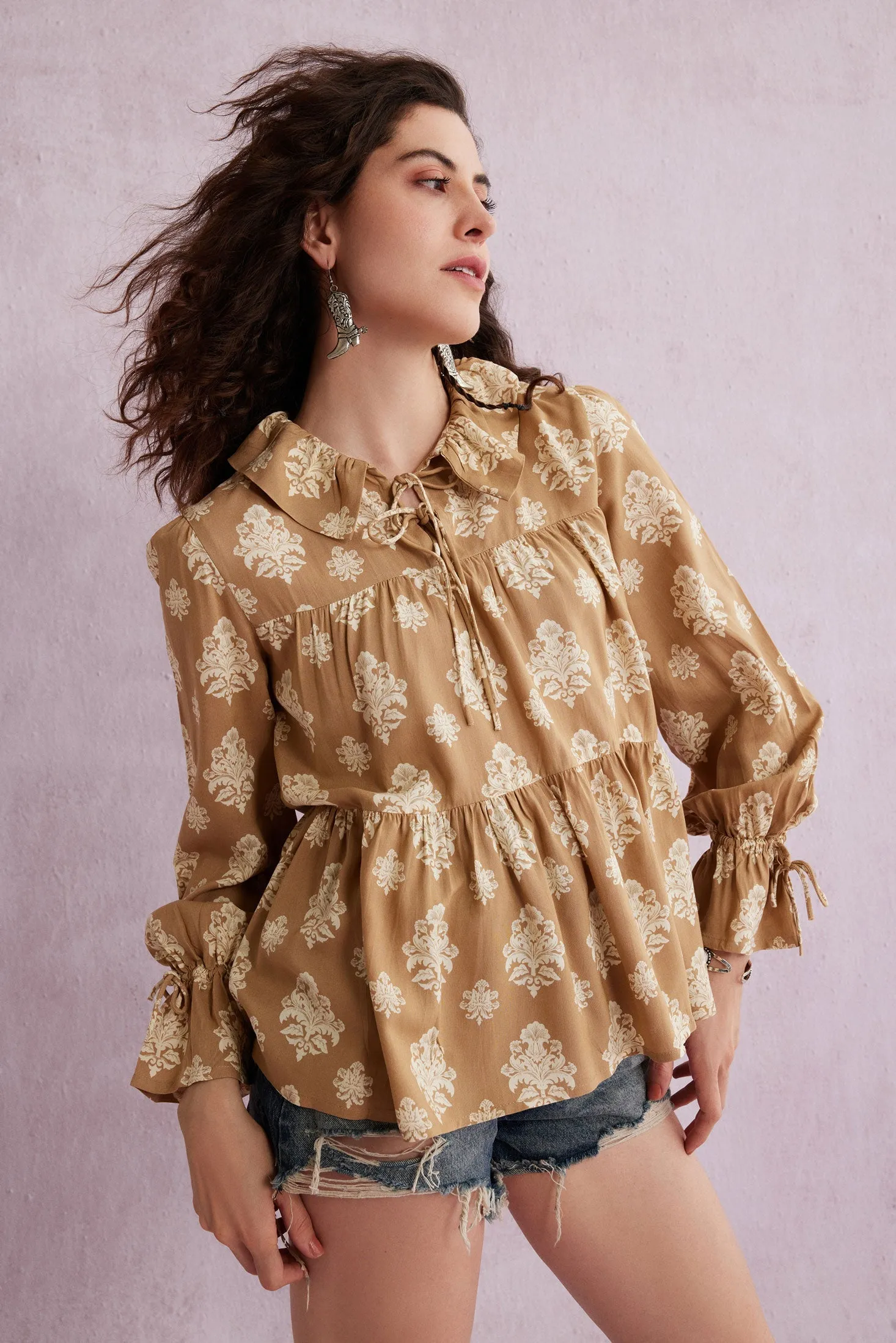 Bohera Ruthie Tie Collar Flared Sleeve Top sold by Myra Bag