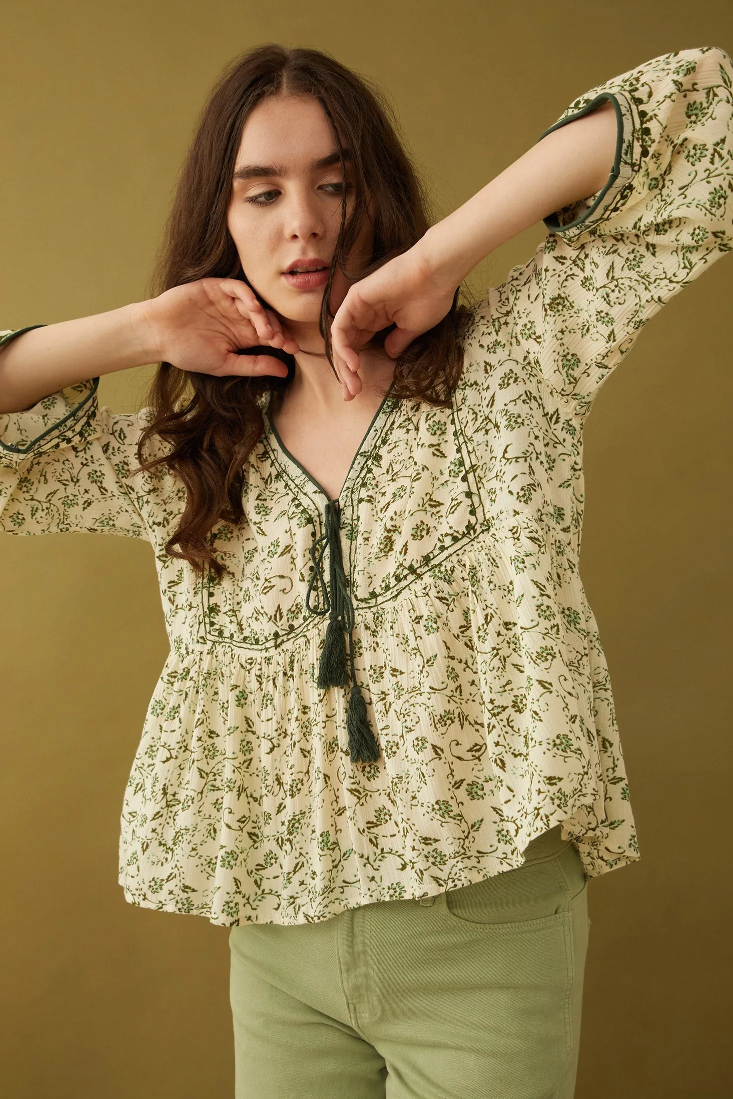 Floral Petals V-Neck Tassled Blouse sold by Myra Bag product image thumbnail 4