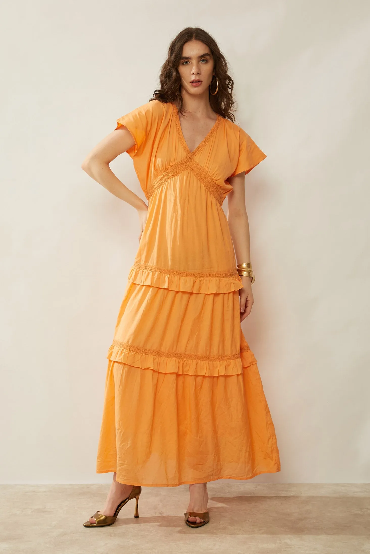 Bohera Miralee Golden Tiered Maxi Dress sold by Myra Bag