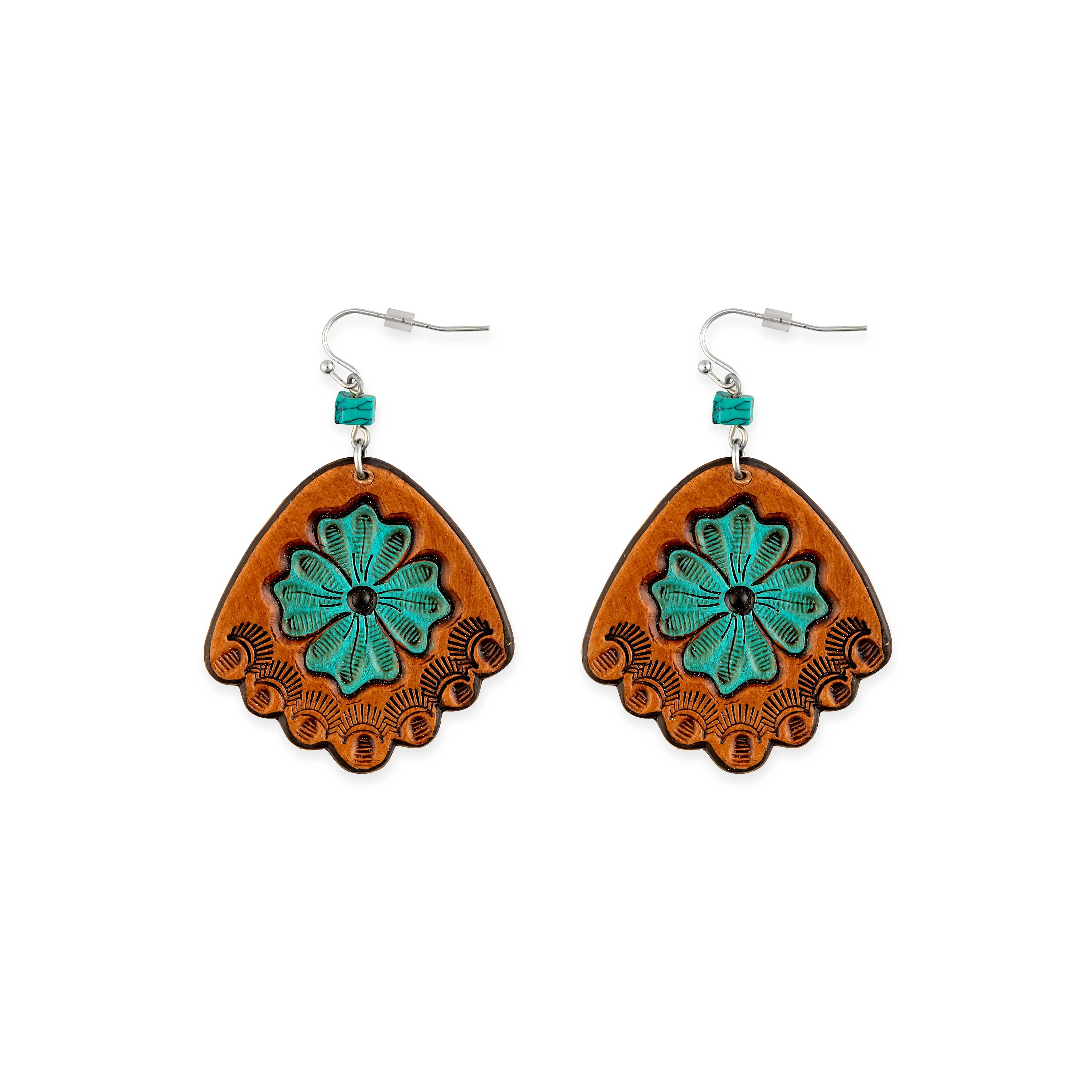 Prairie Blossom Hand-Tooled Leather Earrings sold by Myra Bag