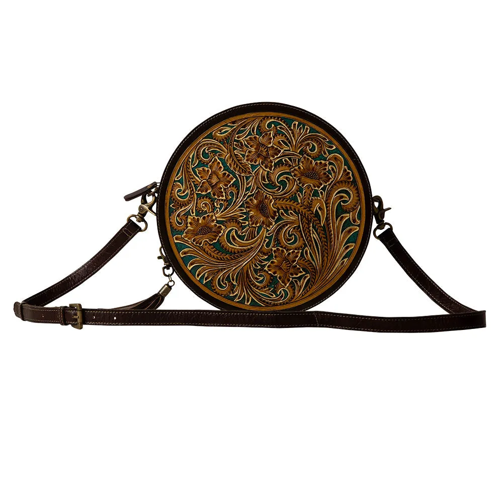 Magnolia Morn Hand-Tooled Round Bag sold by Myra Bag