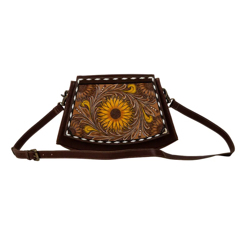 Showy Sunflower Trapezoid  Hand-Tooled  Bag sold by Myra Bag