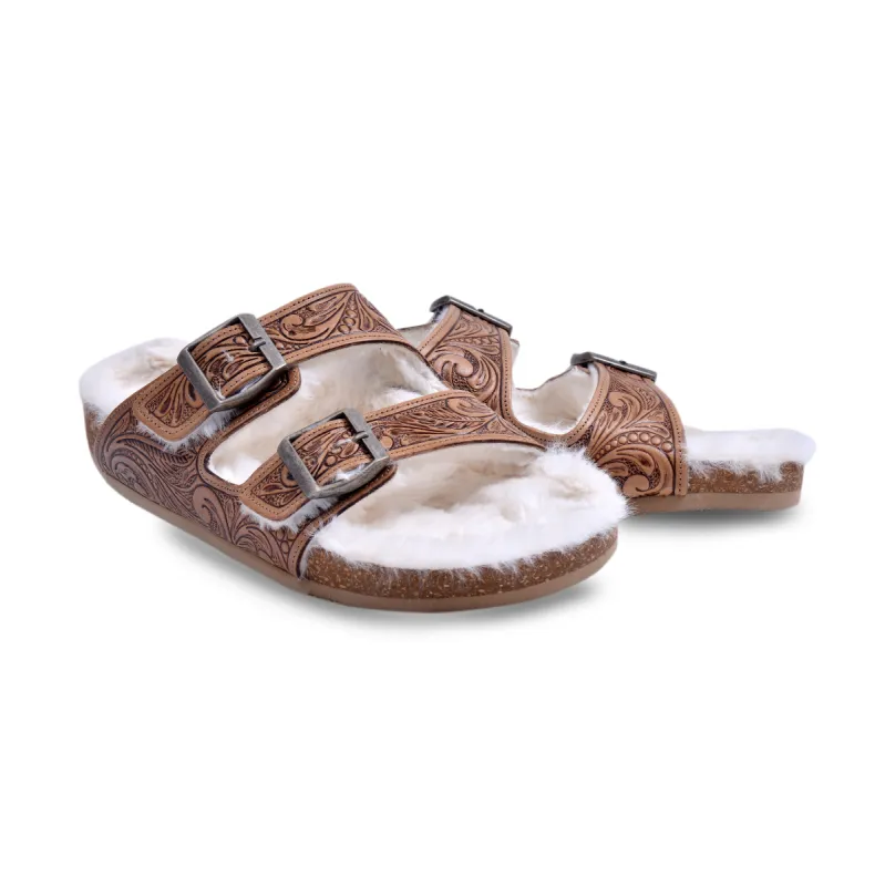 Trail Winder Hand-tooled Fur Comfort Leather Sandals sold by Myra Bag