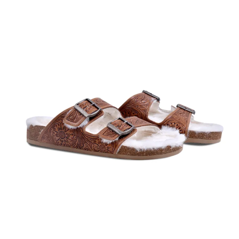 Prairie Winds Hand-tooled Fur Comfort Leather Sandals sold by Myra Bag