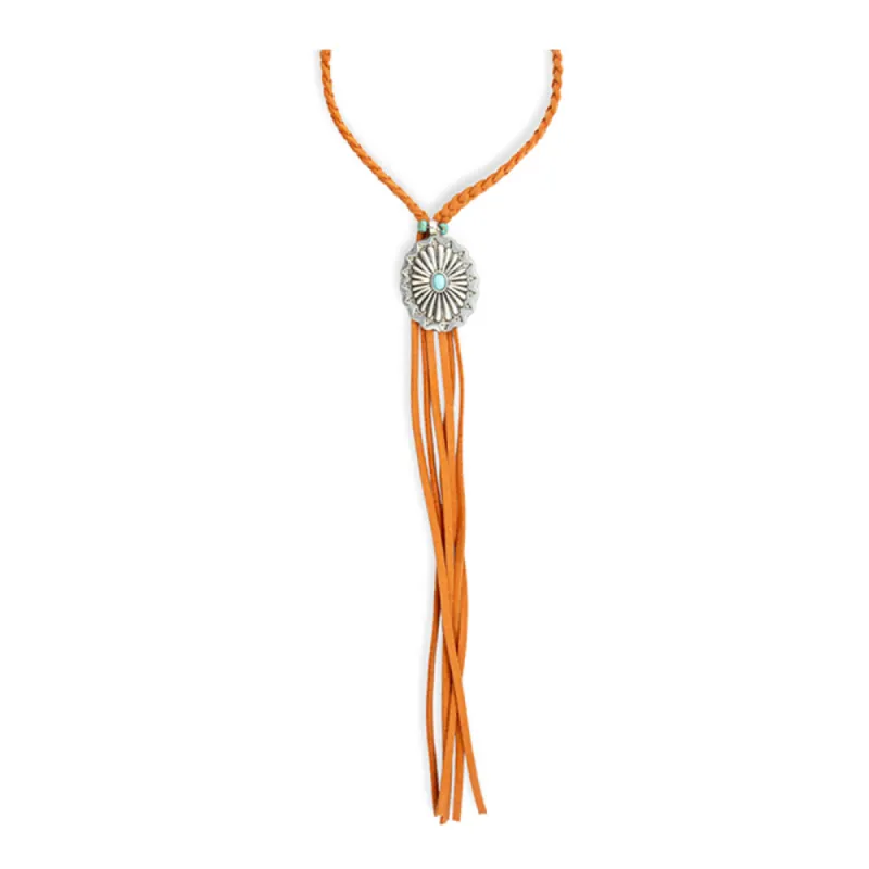 Skyfire Braided Leather Fringe & Concho Necklace sold by Myra Bag