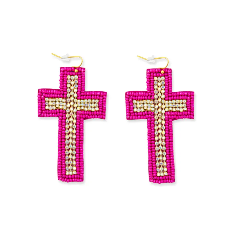 Beaded Cross Dangle Earrings in Magenta sold by Myra Bag