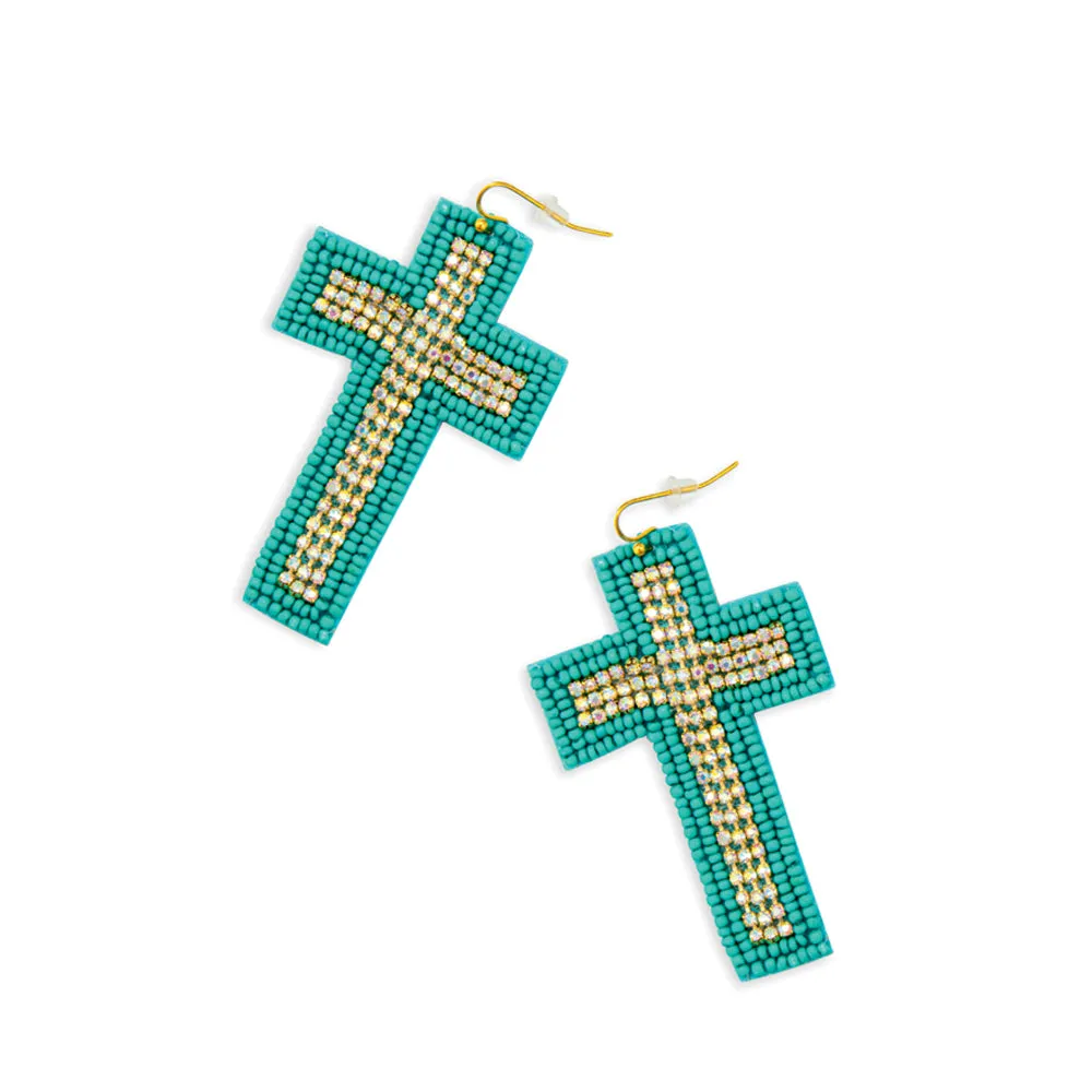 Beaded Cross Dangle Earrings in Teal sold by Myra Bag product image thumbnail 2