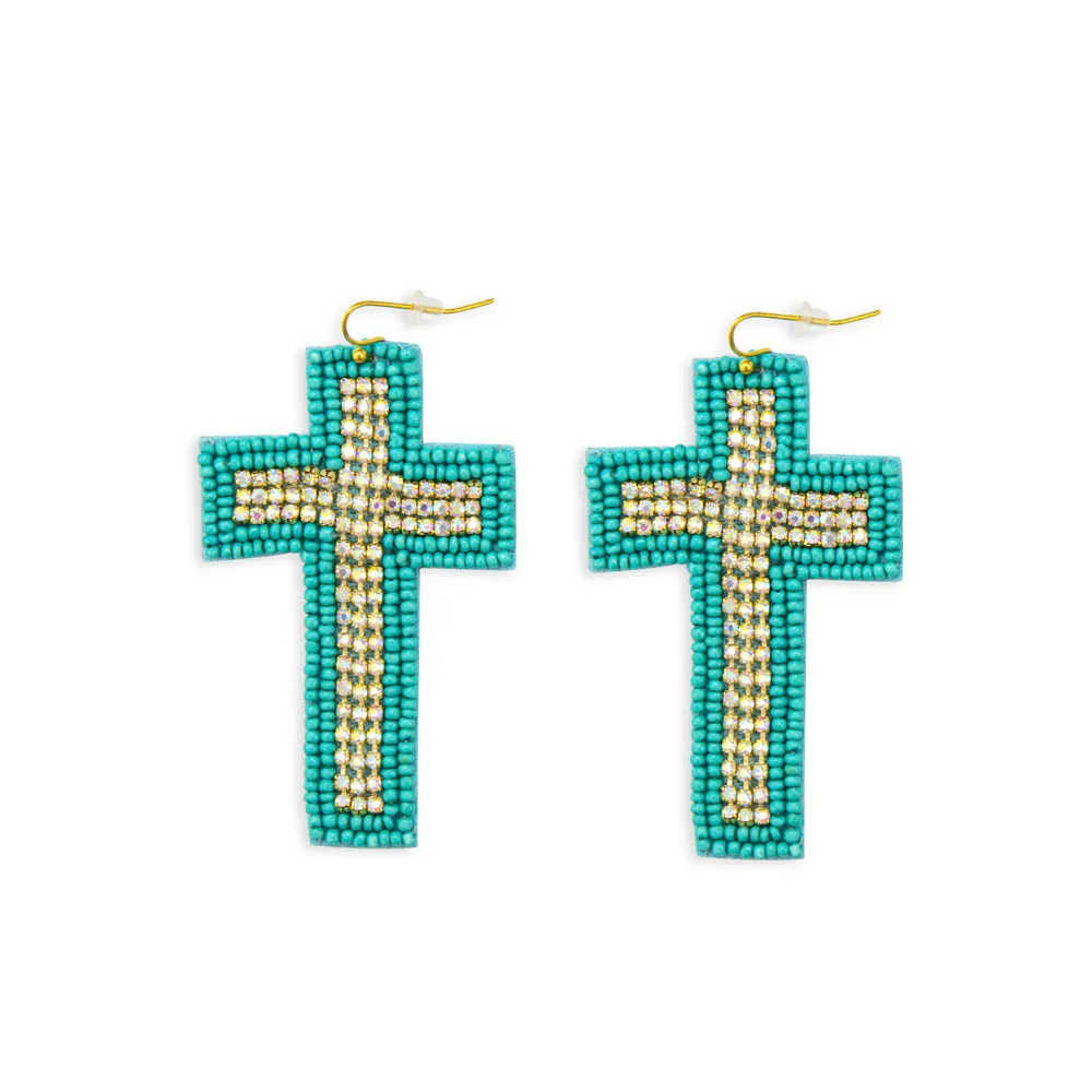 Beaded Cross Dangle Earrings in Teal sold by Myra Bag