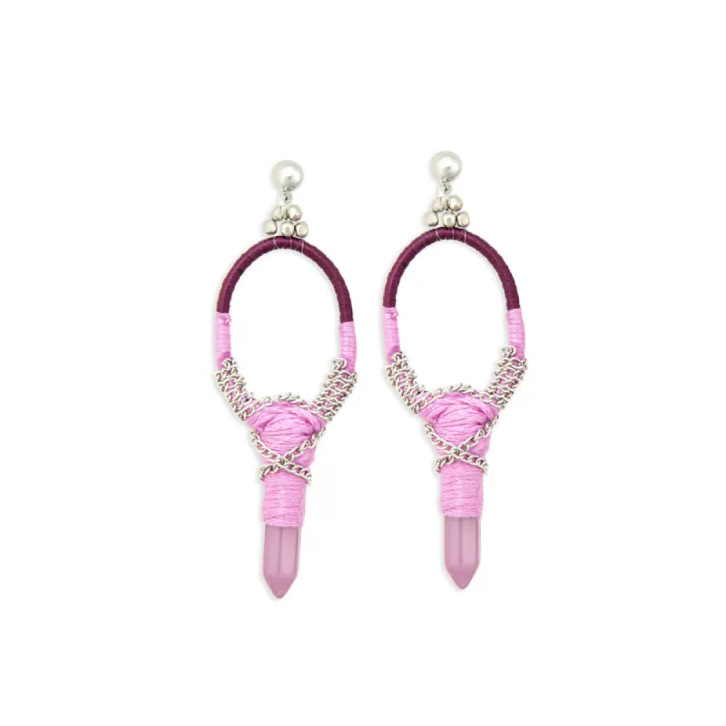Krystal Key Woven, Beaded Earrings With Crystal Charm in Pink sold by Myra Bag