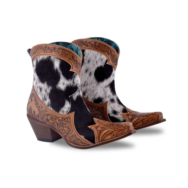 Sandy Mae Hair-on Hide & Hand-tooled Leather Boots sold by Myra Bag