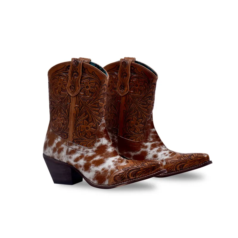 Kelsey Anne Hair-on Hide & Hand-tooled Leather Boots sold by Myra Bag