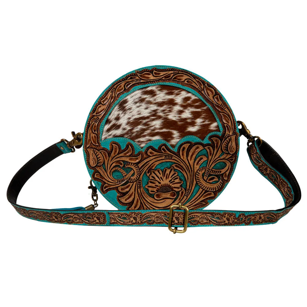 Desert Rain Hand-tooled Round Bag sold by Myra Bag