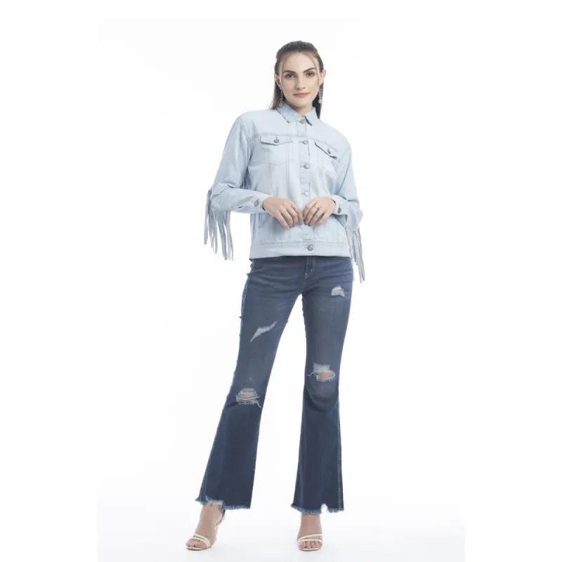 Cassie Fringed Light Wash Denim Jacket sold by Myra Bag