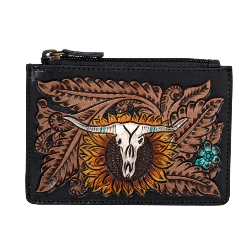 Longhorn Flower Mini Hand-tooled Card Holder sold by Myra Bag