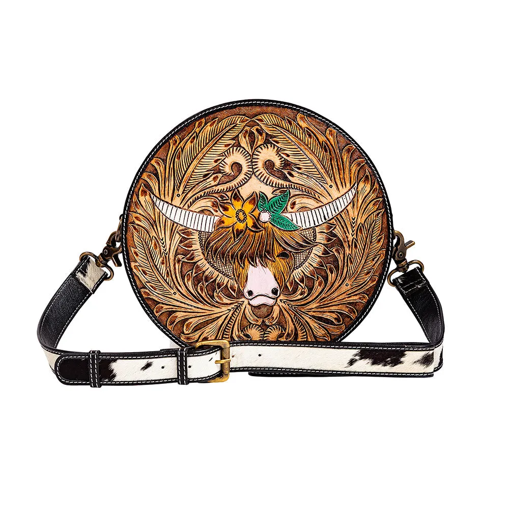 Bloomin' Steer Hand-tooled Round Bag sold by Myra Bag