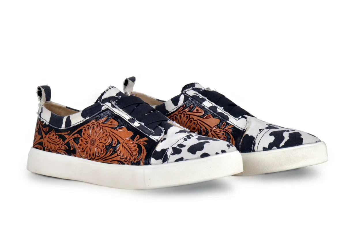 Women Limited Edition Cowprint with Handtooling Sneaker sold by Myra Bag