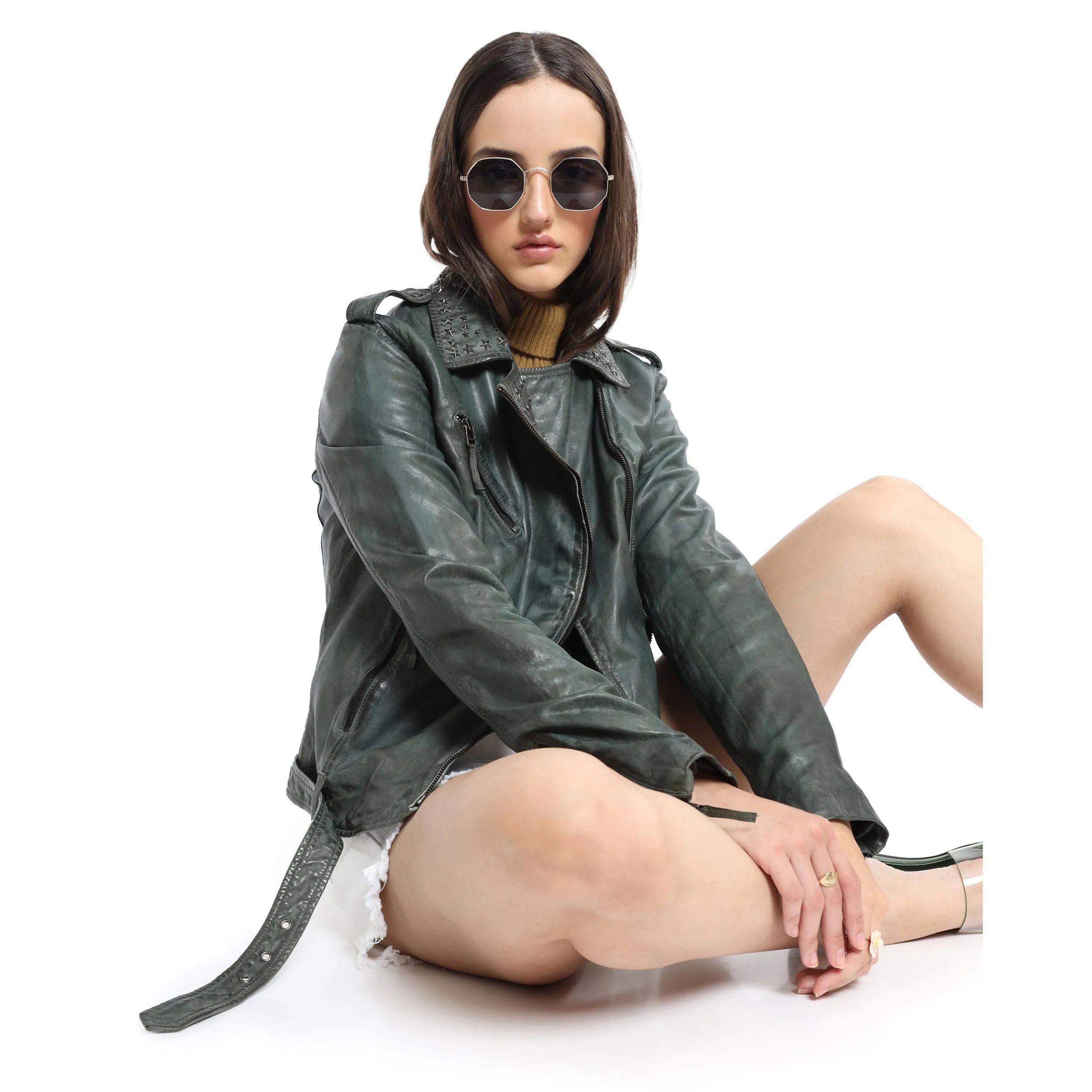 Washed Green Studded LEATHER Jacket sold by Myra Bag