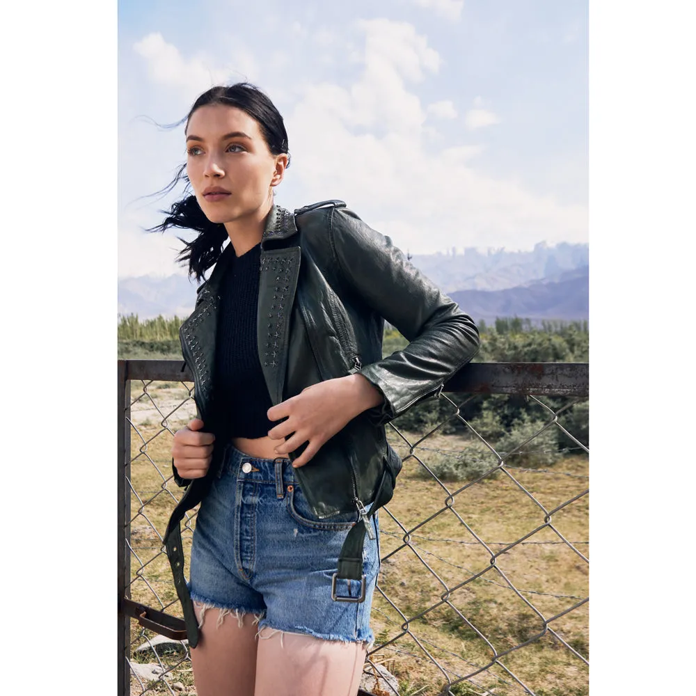 Washed Green Studded LEATHER Jacket sold by Myra Bag product image thumbnail 4