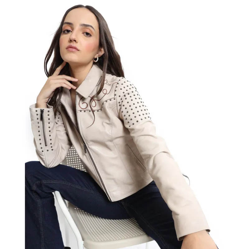 Beige Embroidered Studded  LEATHER Jacket sold by Myra Bag