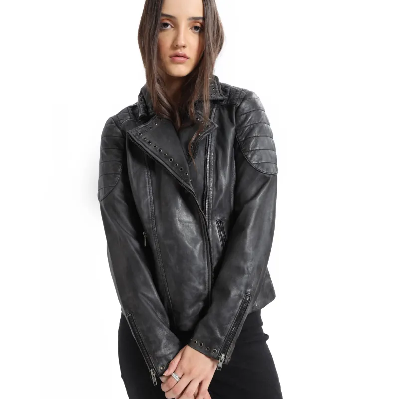 Black Embroidered Biker LEATHER Jacket sold by Myra Bag