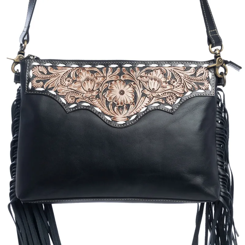 Chaparral Ridge Hand-Tooled Bag in coal sold by Myra Bag