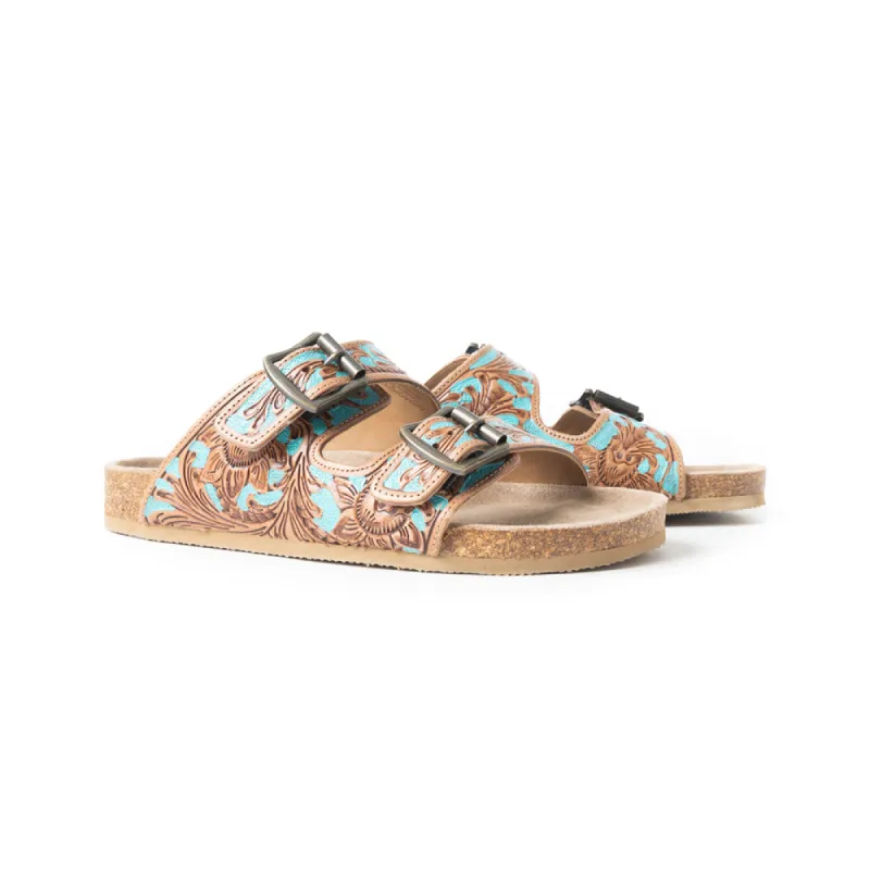 Falling Feather Sandals In Turquoise and Brown sold by Myra Bag